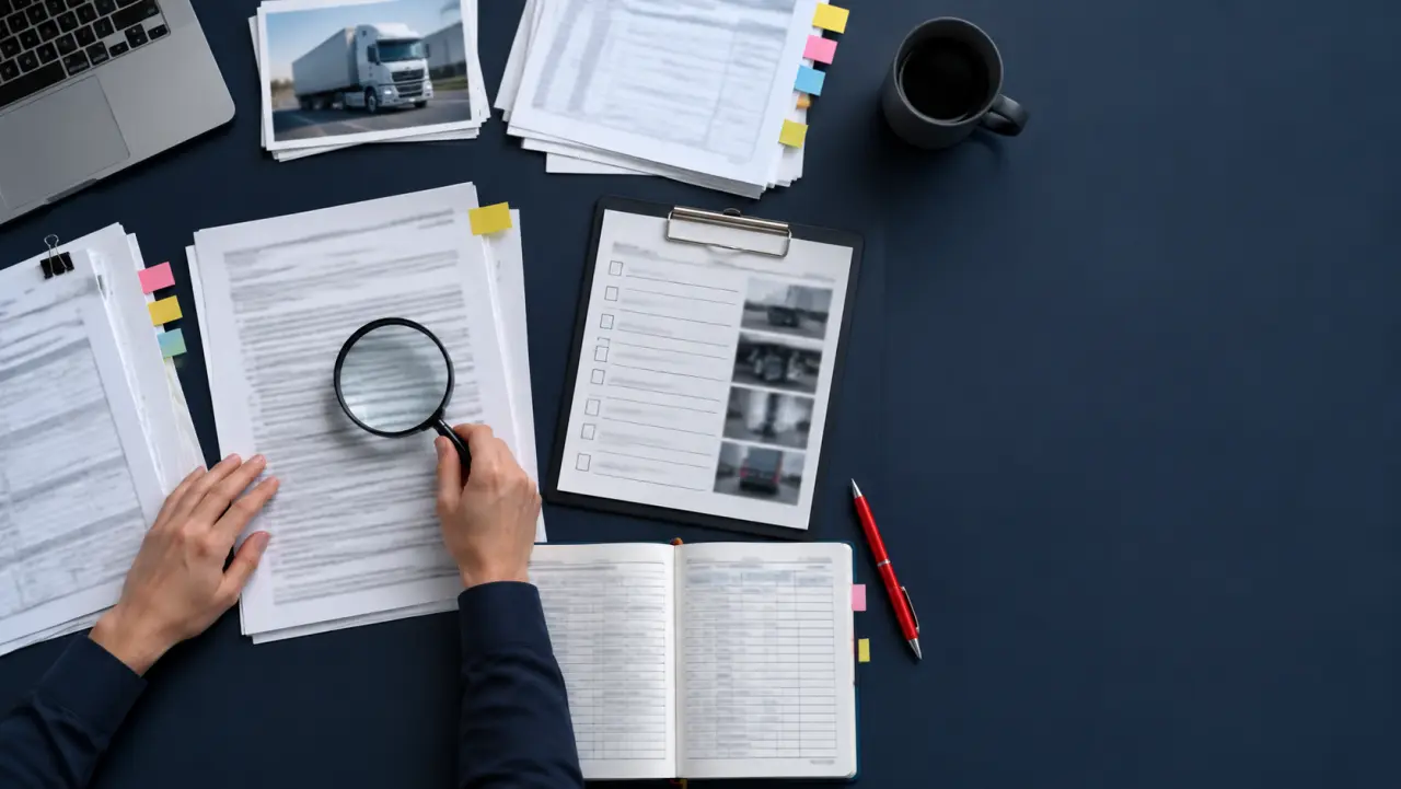 Investigative desk spread with leases, bills of lading, maintenance logs, and a magnifying glass