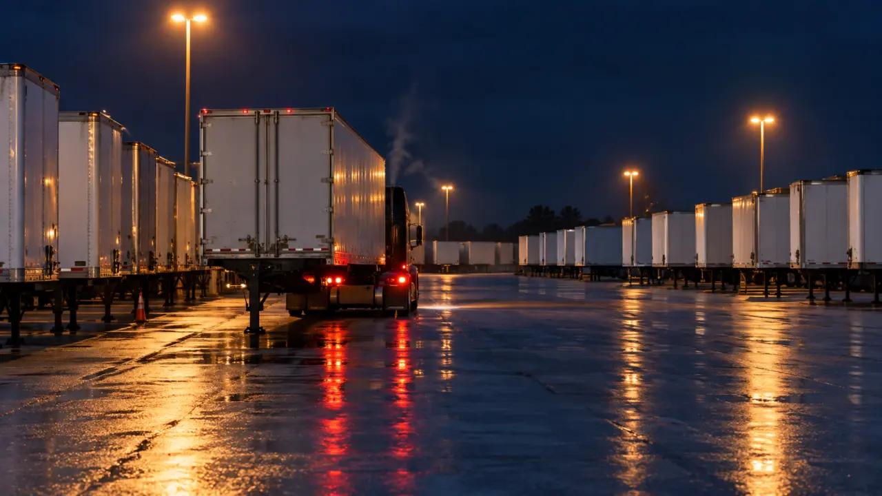 Tractor backing under one of many parked trailers in a drop yard at night