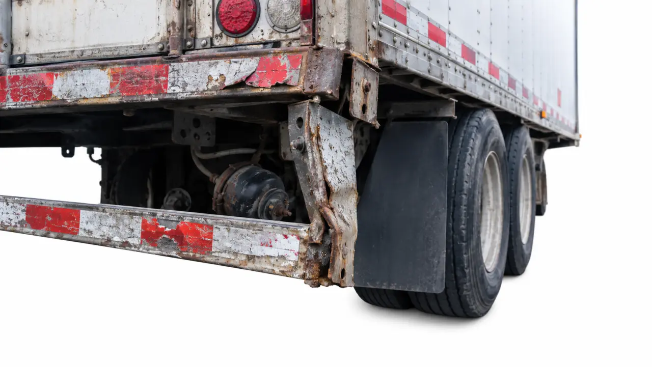 Low-angle close-up of a trailer's rusted rear impact guard, worn reflective tape, tires, and brake chamber