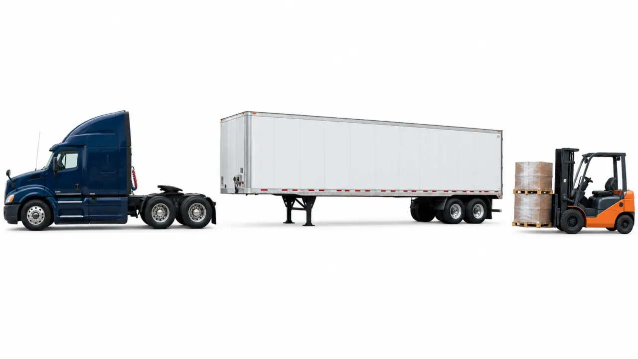 Tractor unit uncoupled from a separate trailer in a freight yard with cargo pallets on a forklift nearby