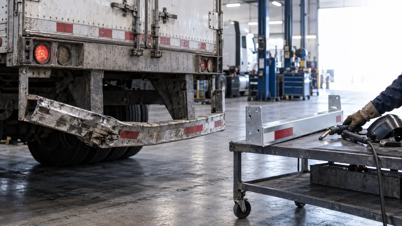 Damaged semi-trailer rear guard in a repair shop bay with a welder's torch nearby