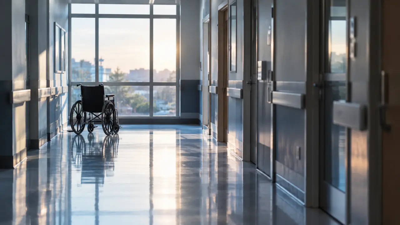 Empty hospital corridor with soft light and a single wheelchair by a window