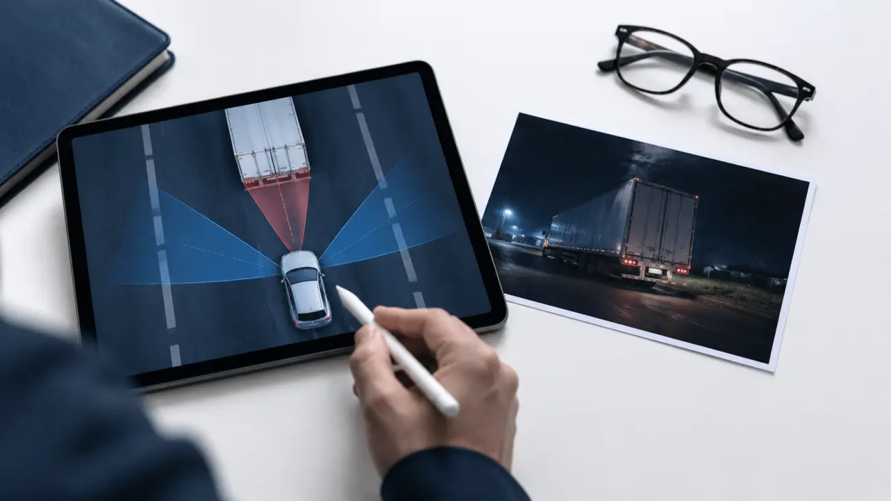 Accident reconstruction diagram on a tablet over a printed night-scene photo of a trailer