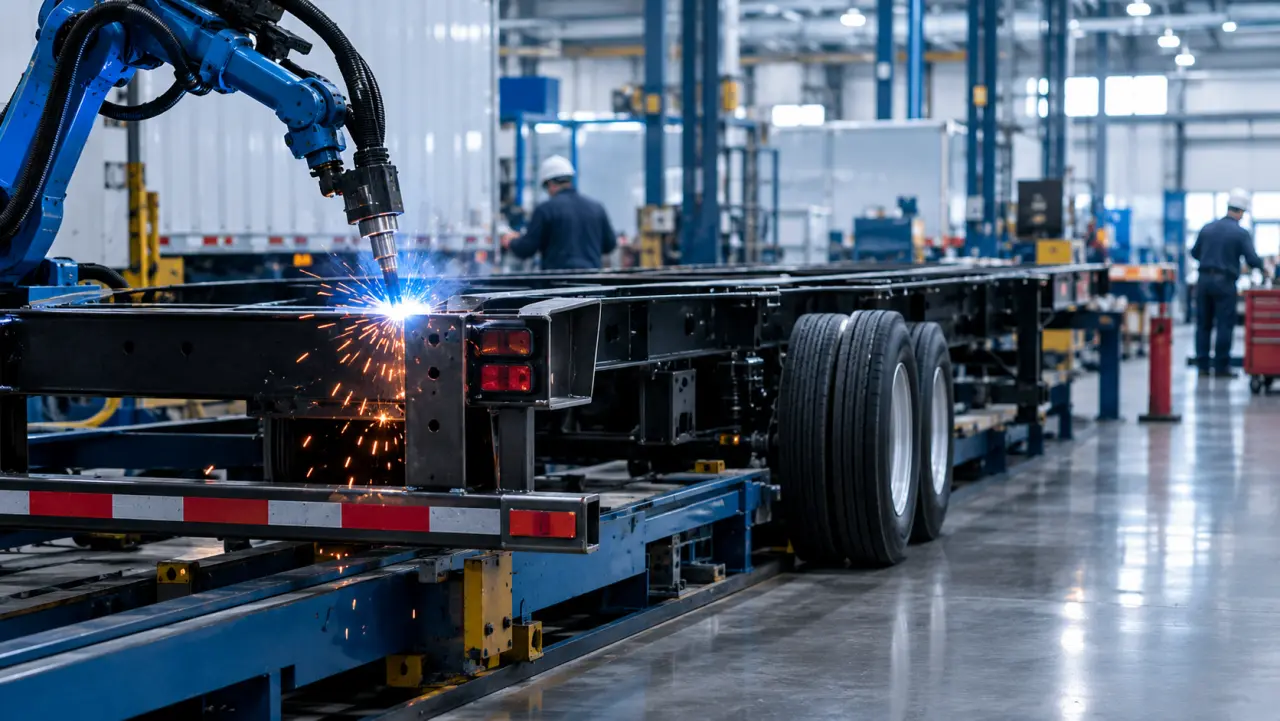 Trailer manufacturing plant with robotic welders assembling a rear guard frame