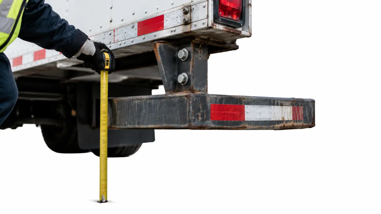 Close-up of a steel rear impact guard under a trailer with a measuring tape showing its ground clearance