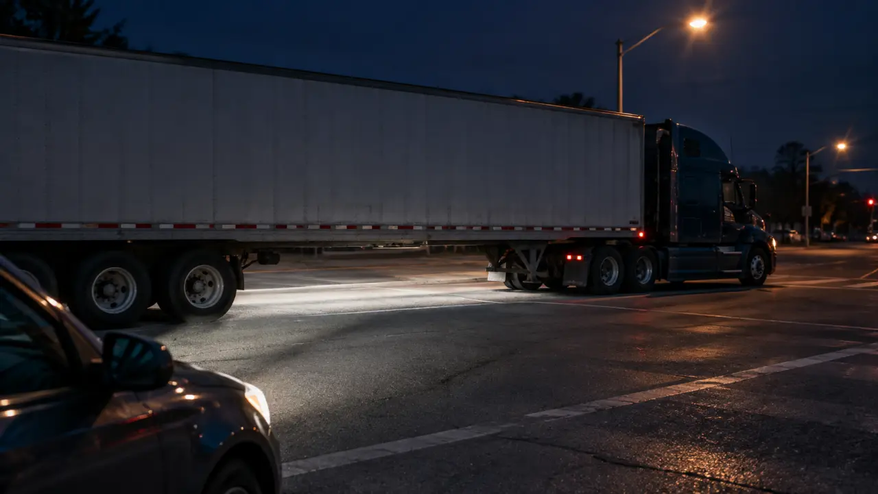 Semi-trailer at a night intersection with a sedan's headlights revealing the empty space beneath its side