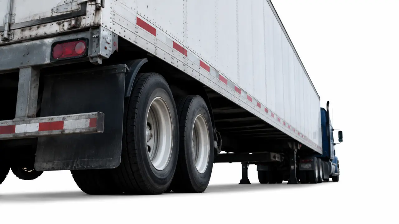 Low-angle view along the side and rear of a semi-trailer showing the open gap beneath it