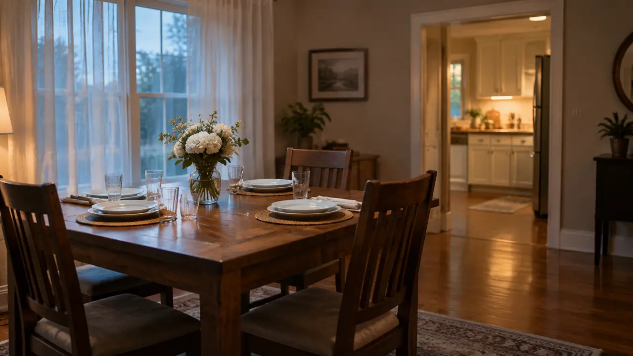 Empty chair at a family dinner table set for a meal in evening light
