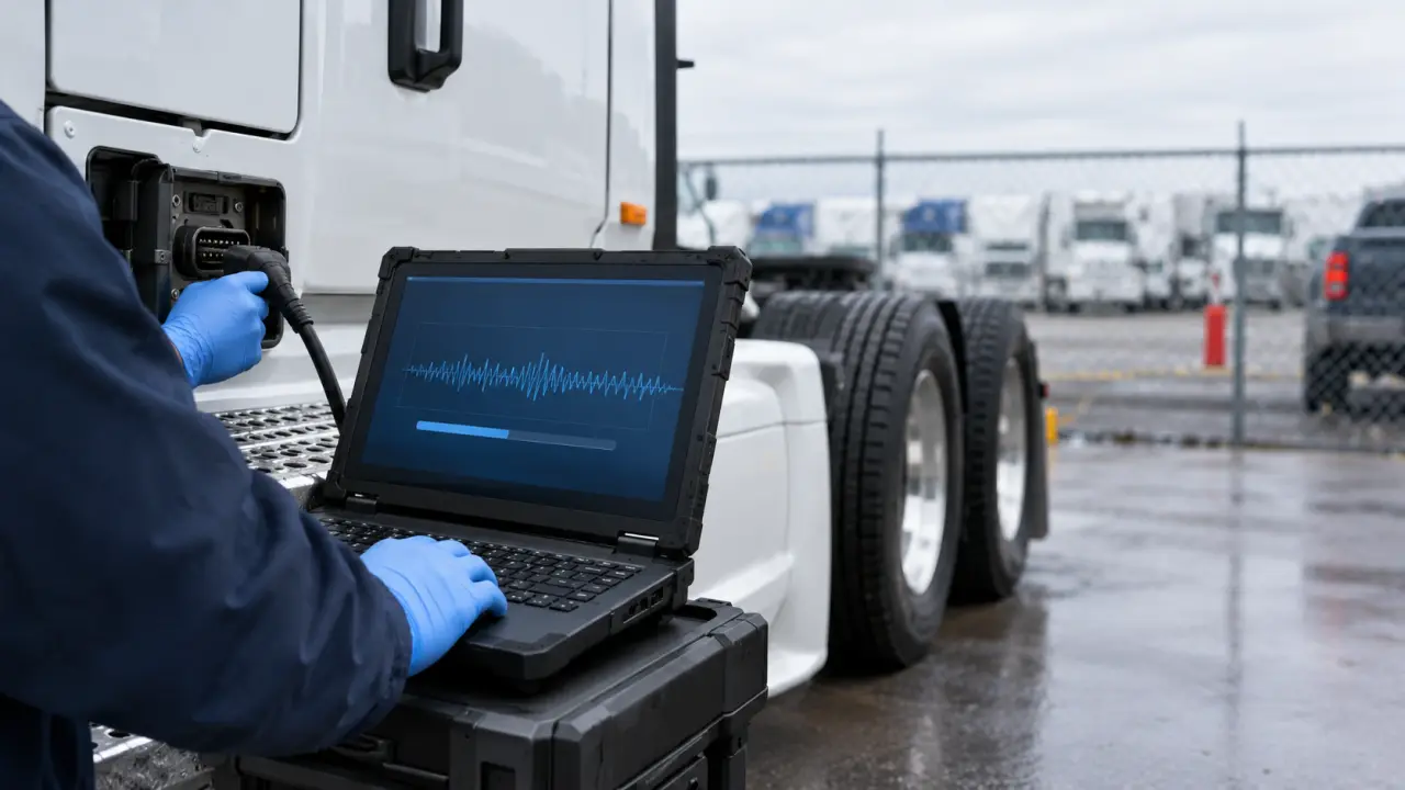 Investigator's gloved hands downloading truck data to a laptop inside a secured tow yard