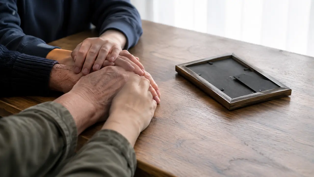 Family's hands resting together on a kitchen table in soft window light