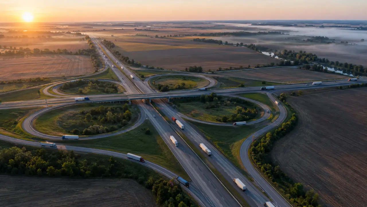 Vista aérea al amanecer de camiones de 18 ruedas atravesando un gran intercambio vial interestatal rodeado de campos de cultivo