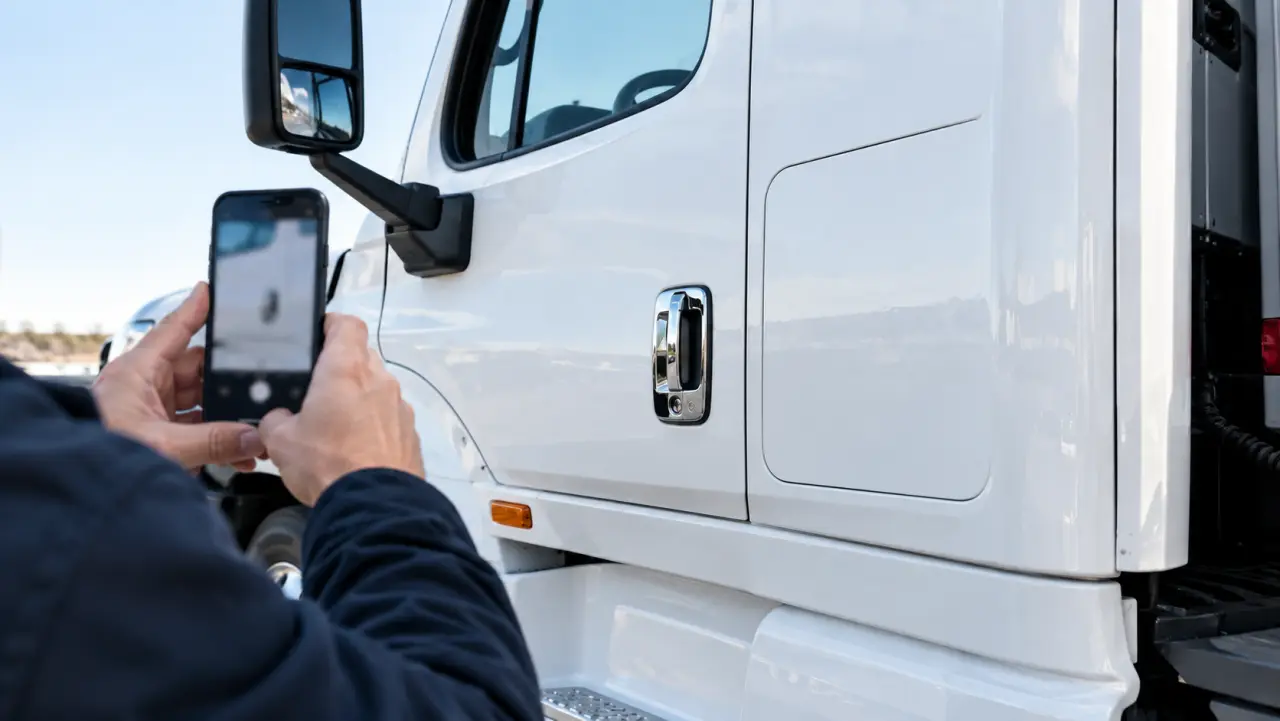 Mano sosteniendo un teléfono para fotografiar la puerta de la cabina de un semirremolque en el acotamiento de una autopista