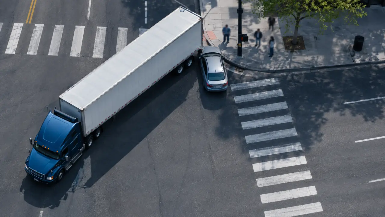 Overhead view of a tractor-trailer swinging wide into a right turn with a car beside it at the curb