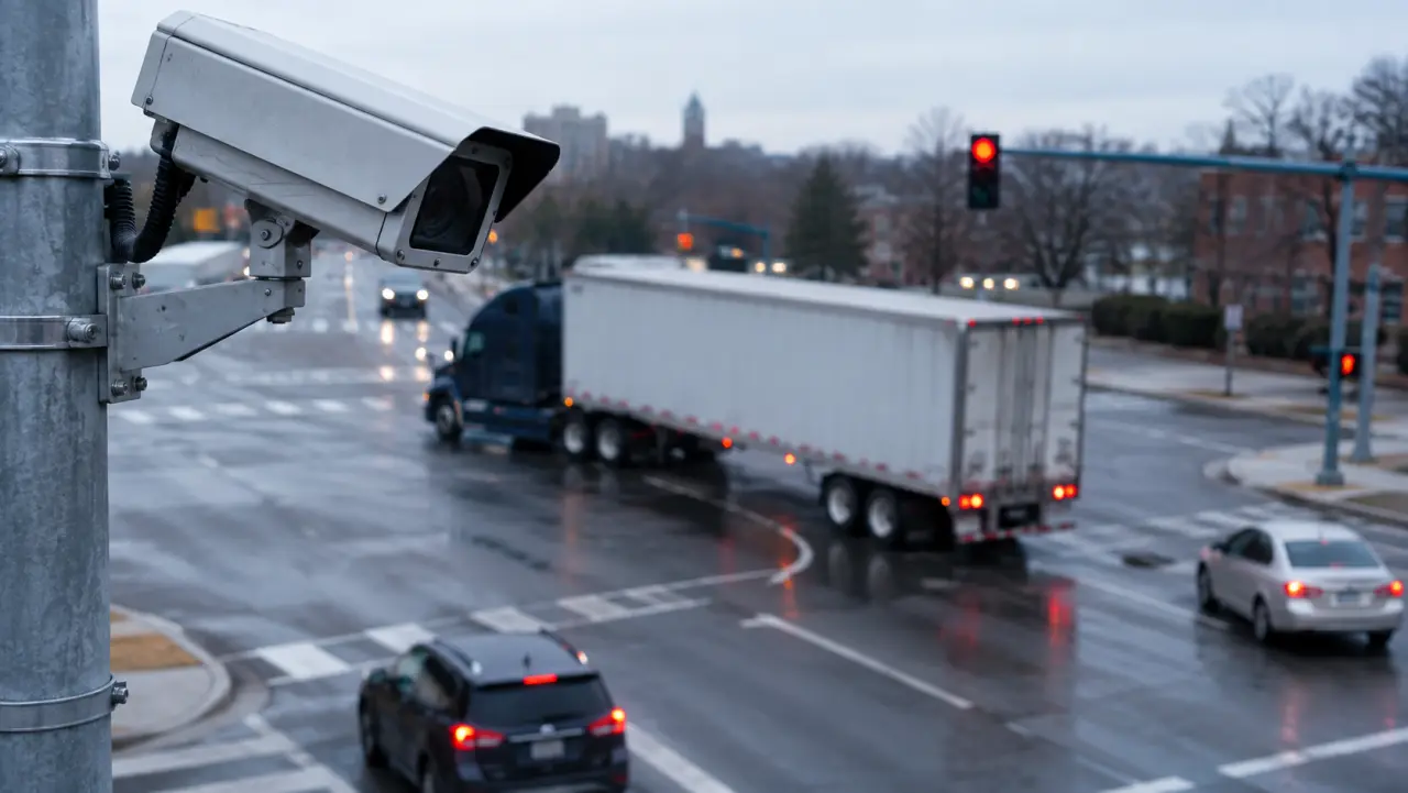 Traffic camera mounted on a pole overlooking a busy intersection with a turning truck