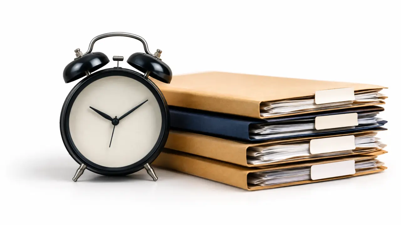 Reloj despertador analógico clásico sobre un escritorio junto a una pila de carpetas legales