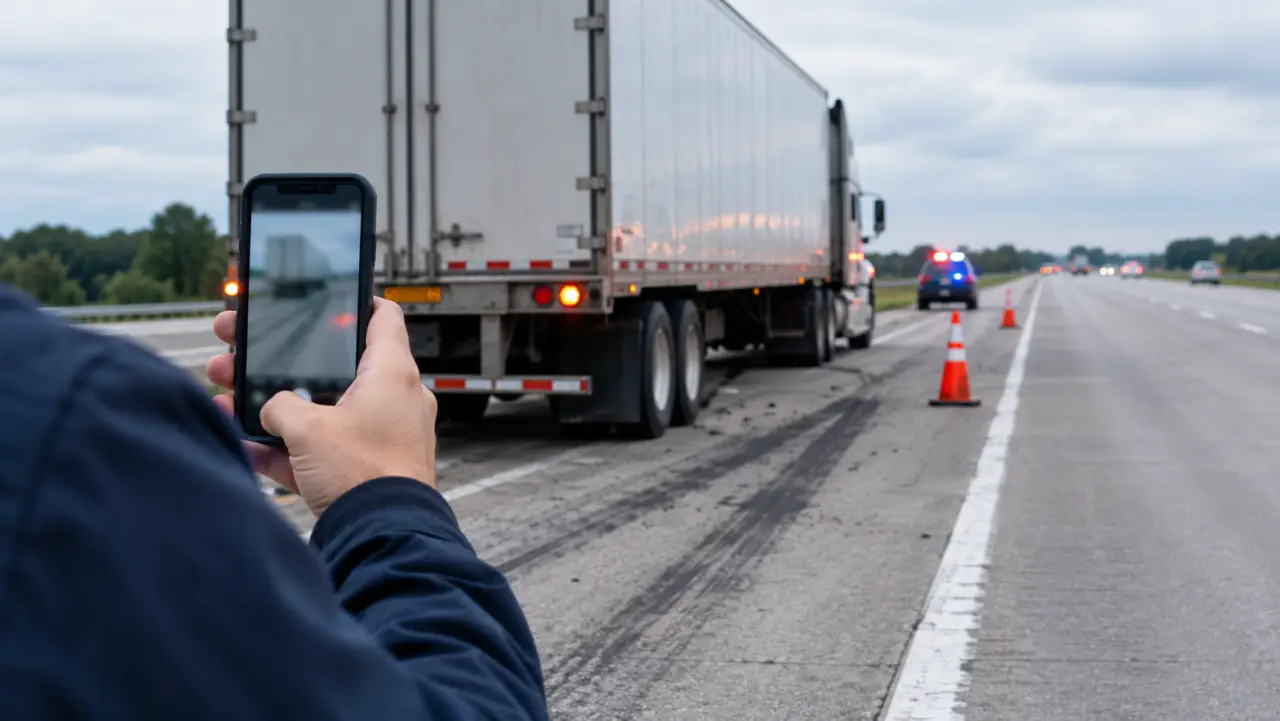 Mano sosteniendo un teléfono para fotografiar un semirremolque detenido y marcas de frenado en el acotamiento de una autopista
