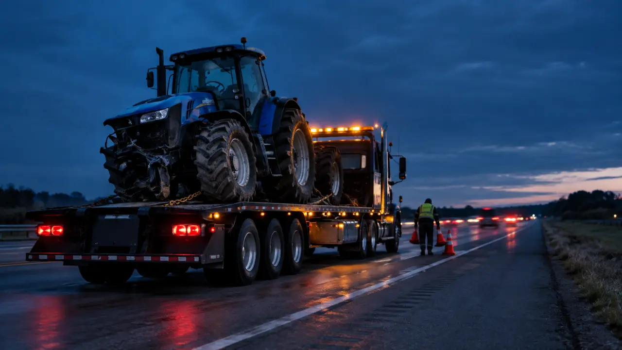 Tráiler siendo retirado del lugar de un choque en una grúa de plataforma al anochecer